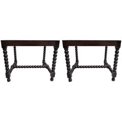 Vintage Pair of Sober Modern Neoclassical Carved Wood Stacked Ball Benches / Stools