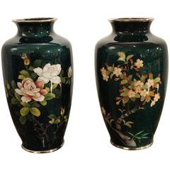Large Pair of Green Ground Ginbari Cloisonné Vases