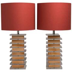 Pair of Stacked Lucite and Wooden Table Lamps, 1960s