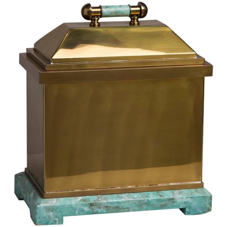 Oversized Lorin Marsh Brass and Simulated Green Stone Box For Sale at