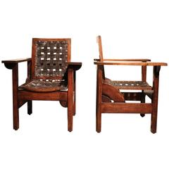 Pair of Adjustable Oak and Leather Armchairs by Pierre Dariel