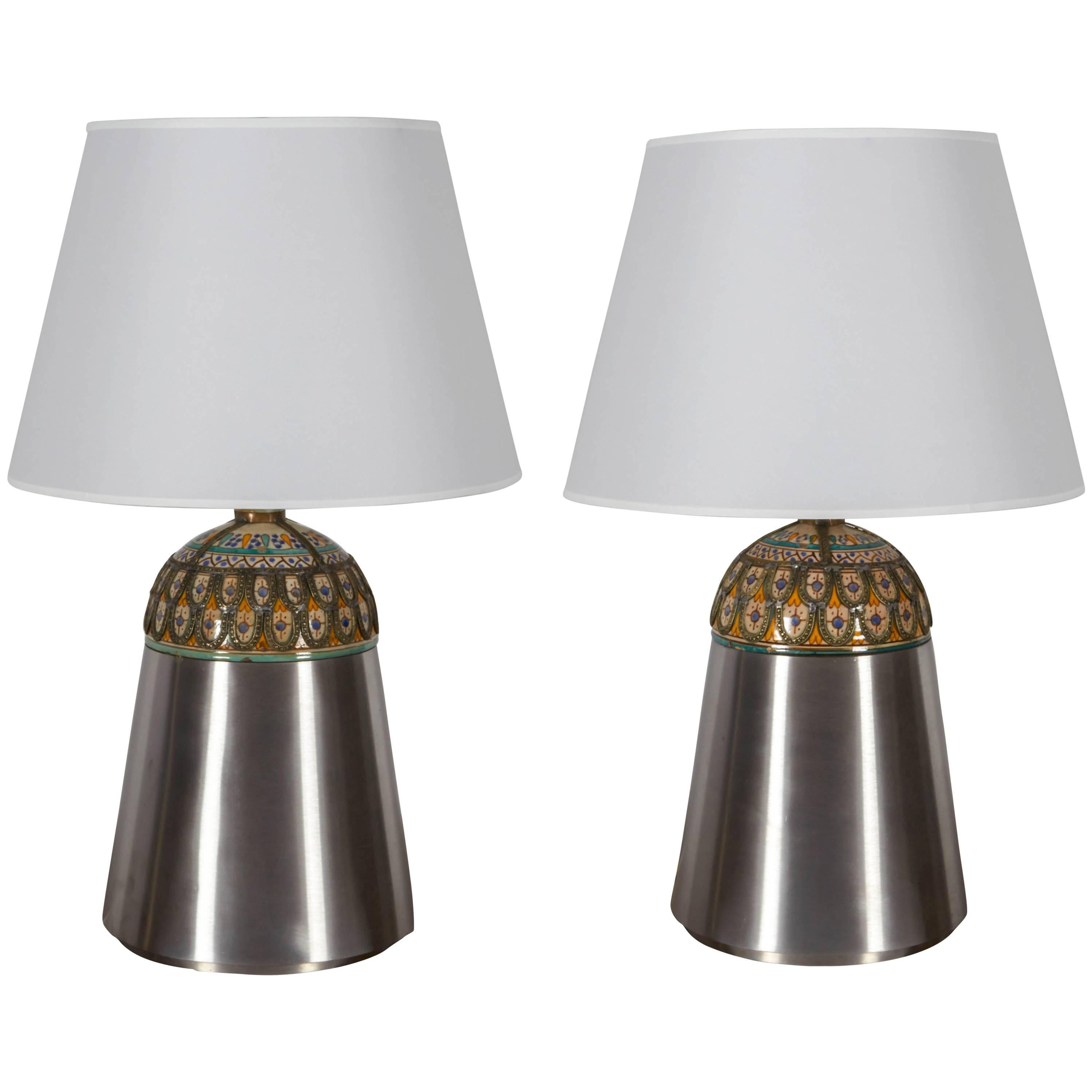 Pair of Unusual Moroccan Ceramic and Brushed Chrome Table Lamps