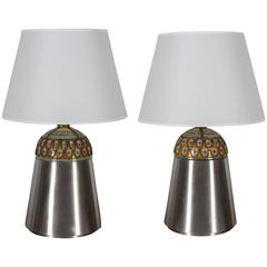 Vintage Pair of Unusual Moroccan Ceramic and Brushed Chrome Table Lamps
