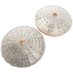 Pair of Danish Flush Mount Copper-Plate and Etched Glass Ceiling Fixtures 