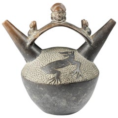 Antique Chimu Blackware Stirrup Vessel, Warrior and Frogs, 12th Century