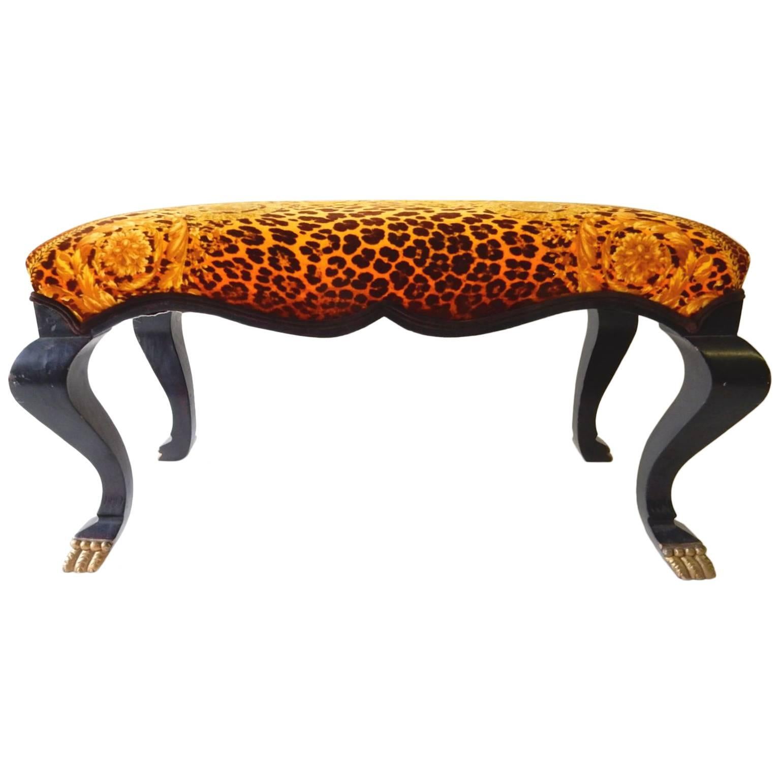 Vintage Gianni Versace Leopard Velvet Upholstered Lion Claw Bench