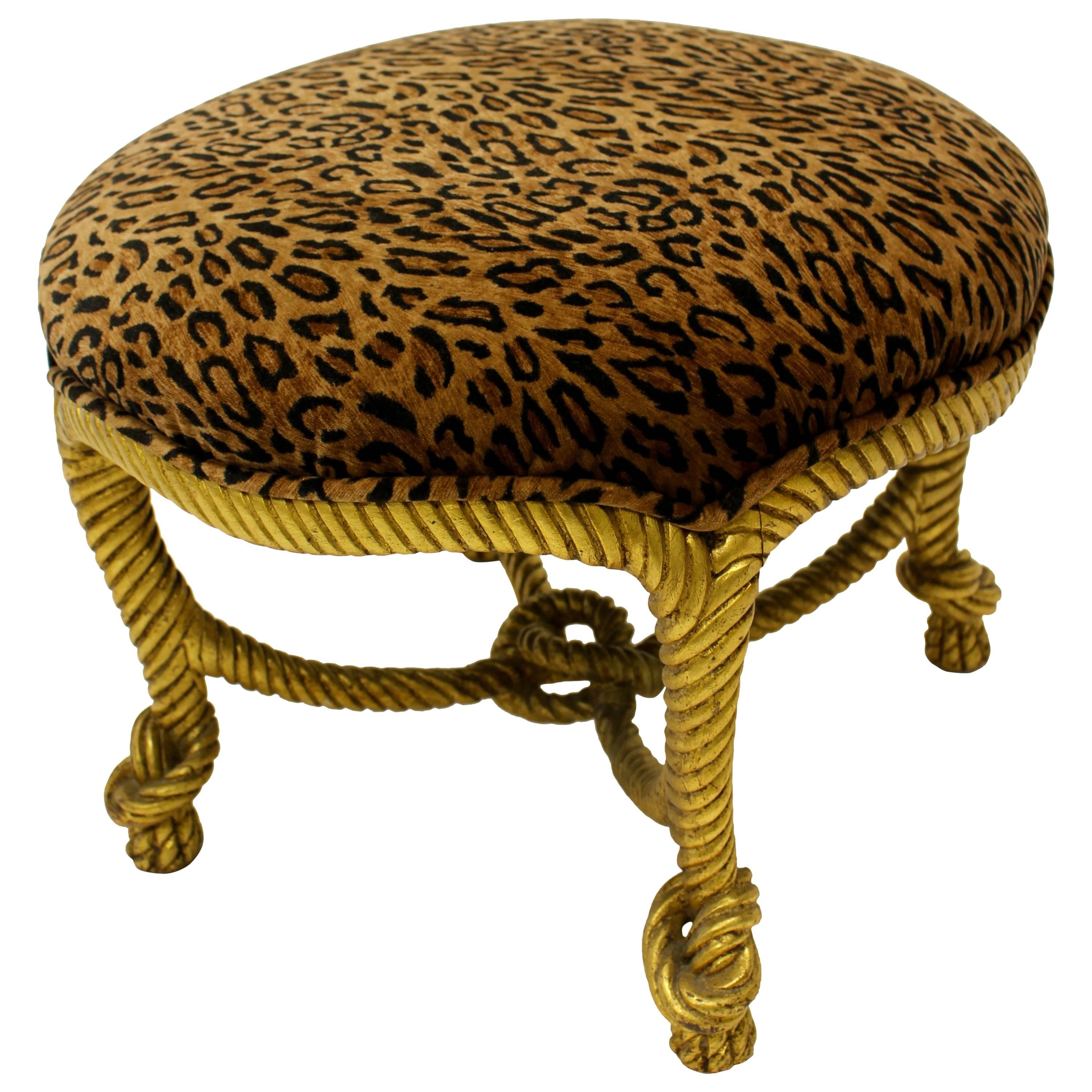 French Decorative Napoleon III Style Giltwood Rope Stool with Animal Fabric For Sale