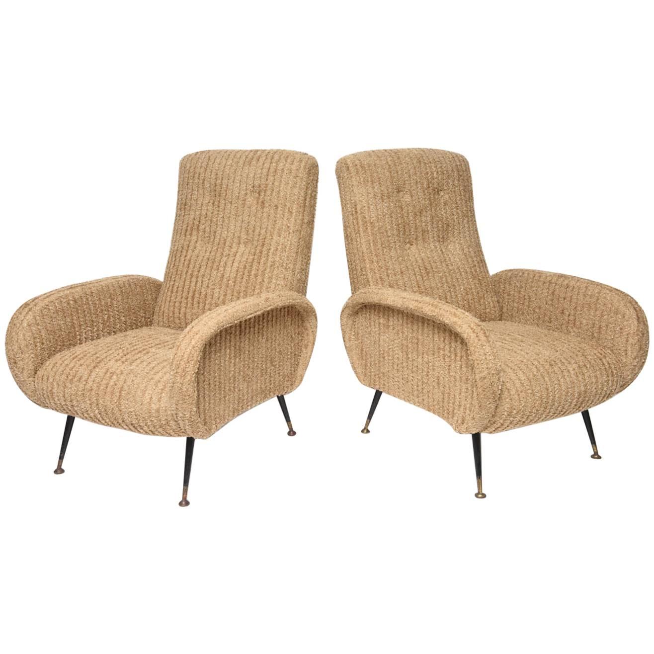 Mid-Century Italian Lounge Chairs with Original Metal and Brass Legs