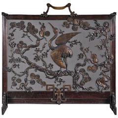 Antique Beautiful Fire Screen with a Stork in a Cherry Tree