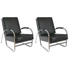 Vintage Wolfgang Hoffmann Style Leather and Chrome Club Chairs by Royal Metal, Pair