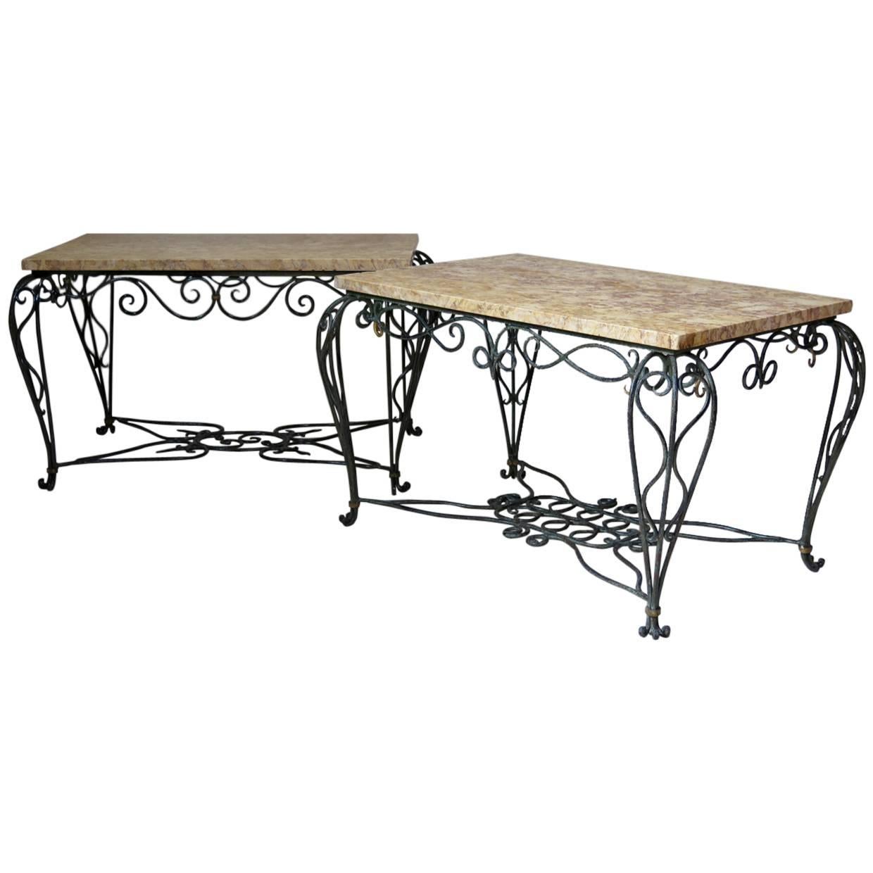 Chic French 1940s Iron and Marble Side Table (2 Available) For Sale