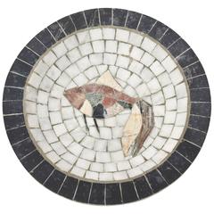 Vintage Inlaid Mosaic Marble Bowl with Abstract Fish Motif