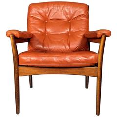  Göte Möbler, Nässjö, Orange Leather Armchair, Sweden, 1970