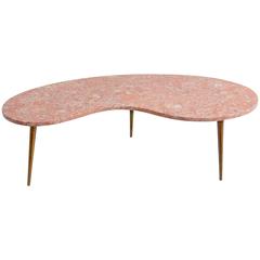 Rene Brancusi Pink Marble Brass Leg Kidney Mid-Century Coffee Table 