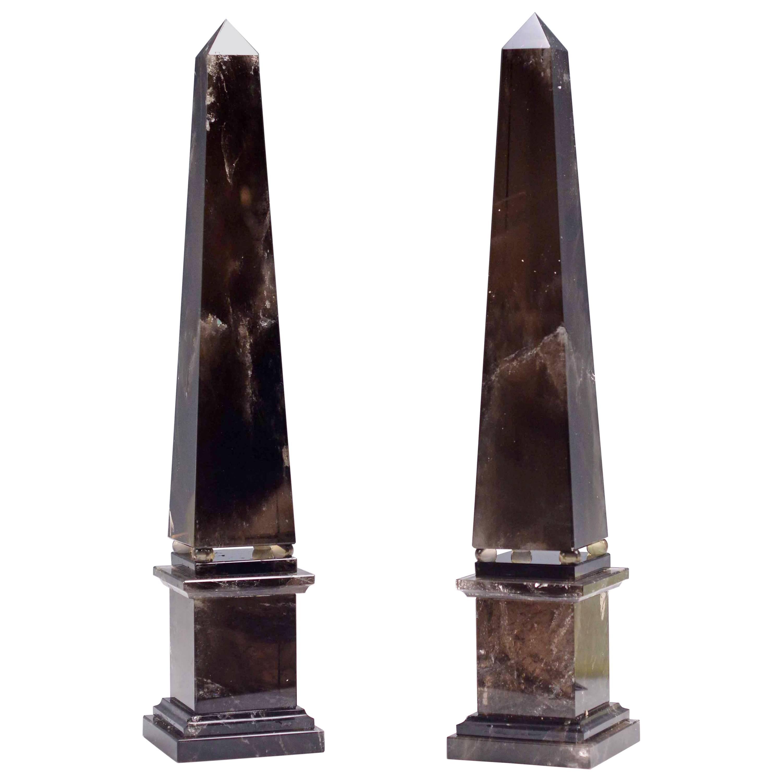 Pair of Smoky Brown Rock Crystal Obelisks