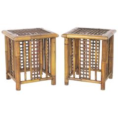 Vintage Pair of Rustic Handmade Bamboo End Tables