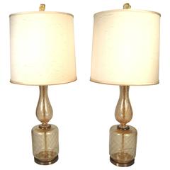 Large Elegant Pair of Venetian Gold and Clear Blown Glass Lamps