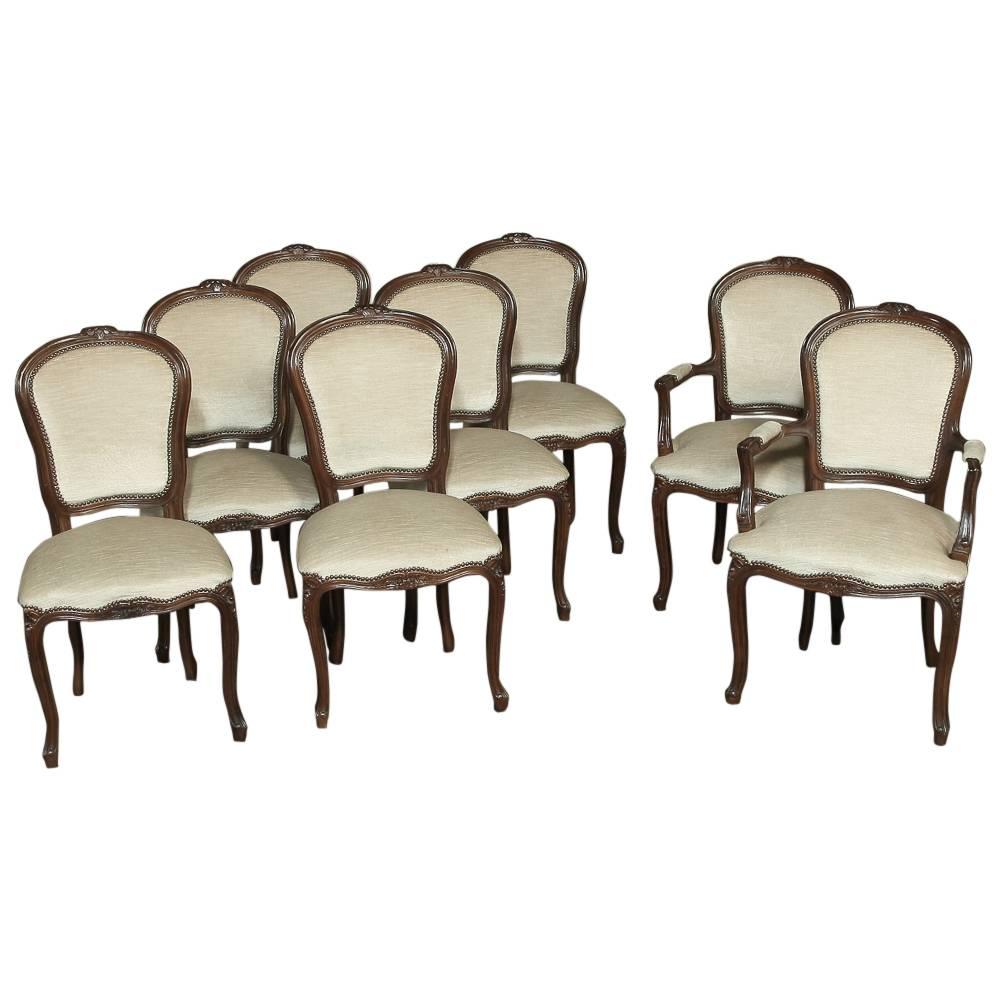 Set of Eight French Walnut White Mohair Louis XV Dining Chairs and Two Armchairs