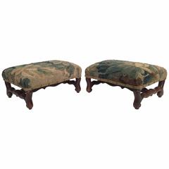 Antique Pair of Walnut Foot Stools with 18th Century Aubusson Tapestry