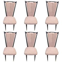 French Art Deco Black Lacquer Dining Chairs, Set of Six
