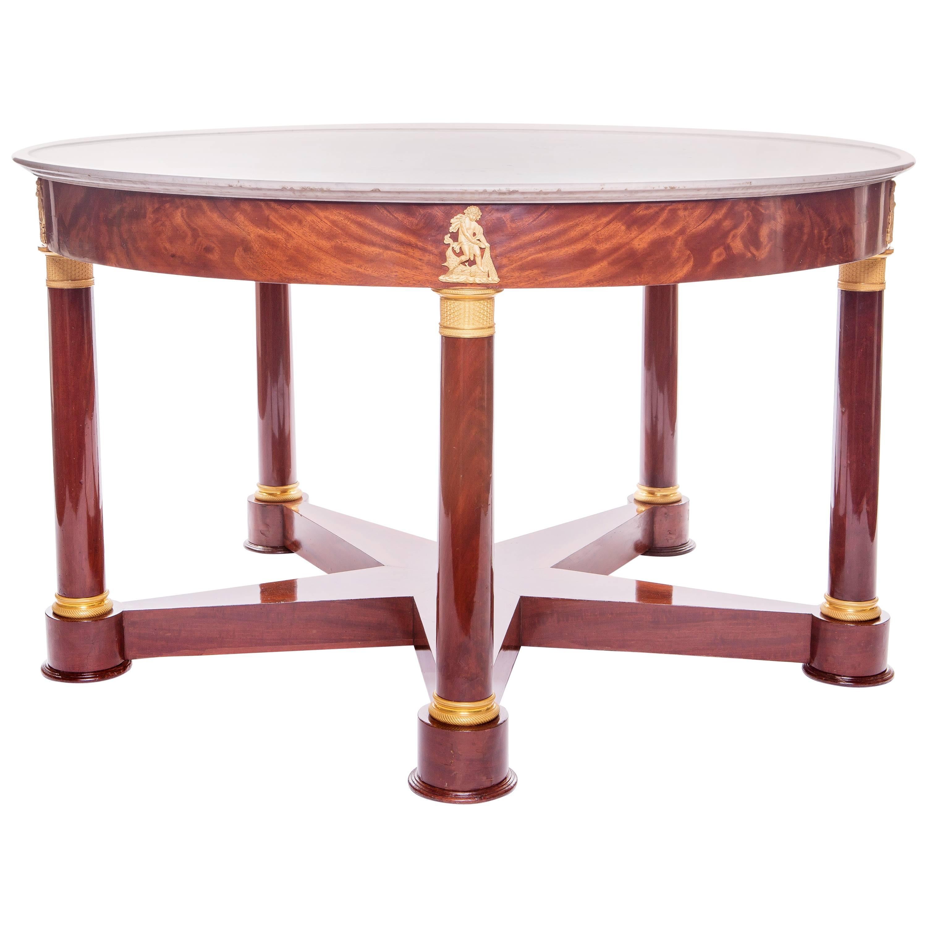 Empire Mahogany, Gilt Bronze Five-Legged Center Table with a Marble Top For Sale