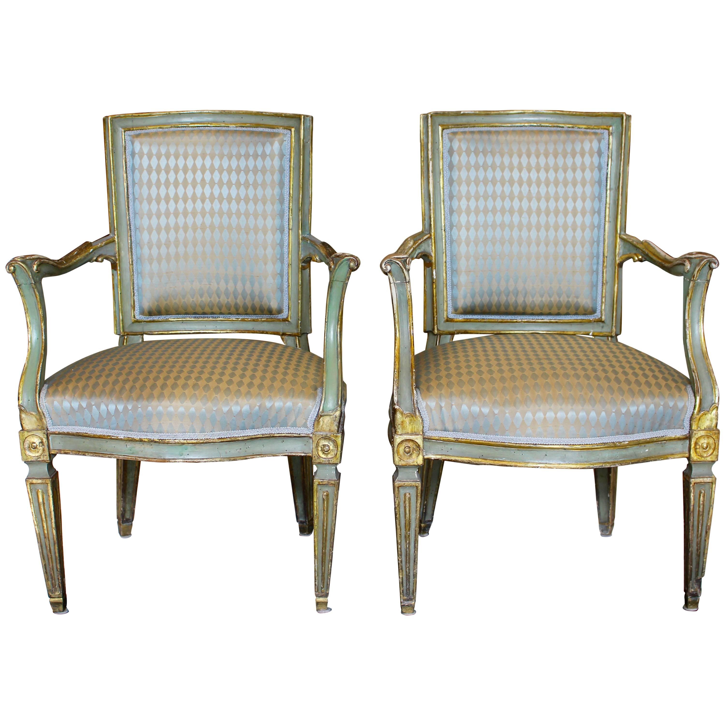 Pair of Italian 18th Century Neoclassical Painted and Parcel-Gilt Armchairs For Sale