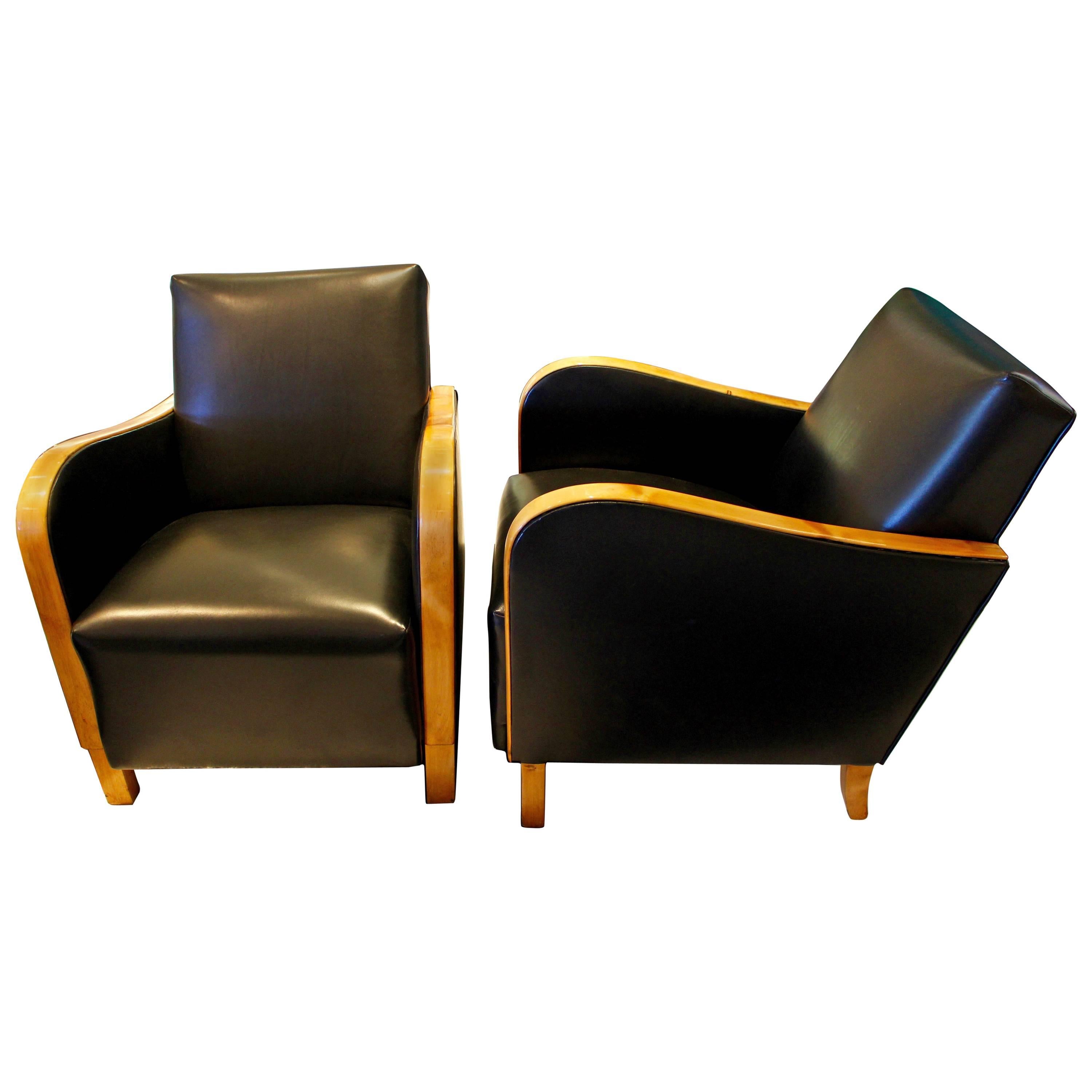 Pair of Swedish 1930s Black Leather Art Deco Club Chairs with Bentwood Frame For Sale