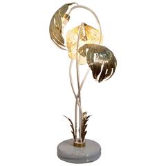  Tommaso Barbi Style Brass Palm Leaves Lamp On Marble Base, Italy