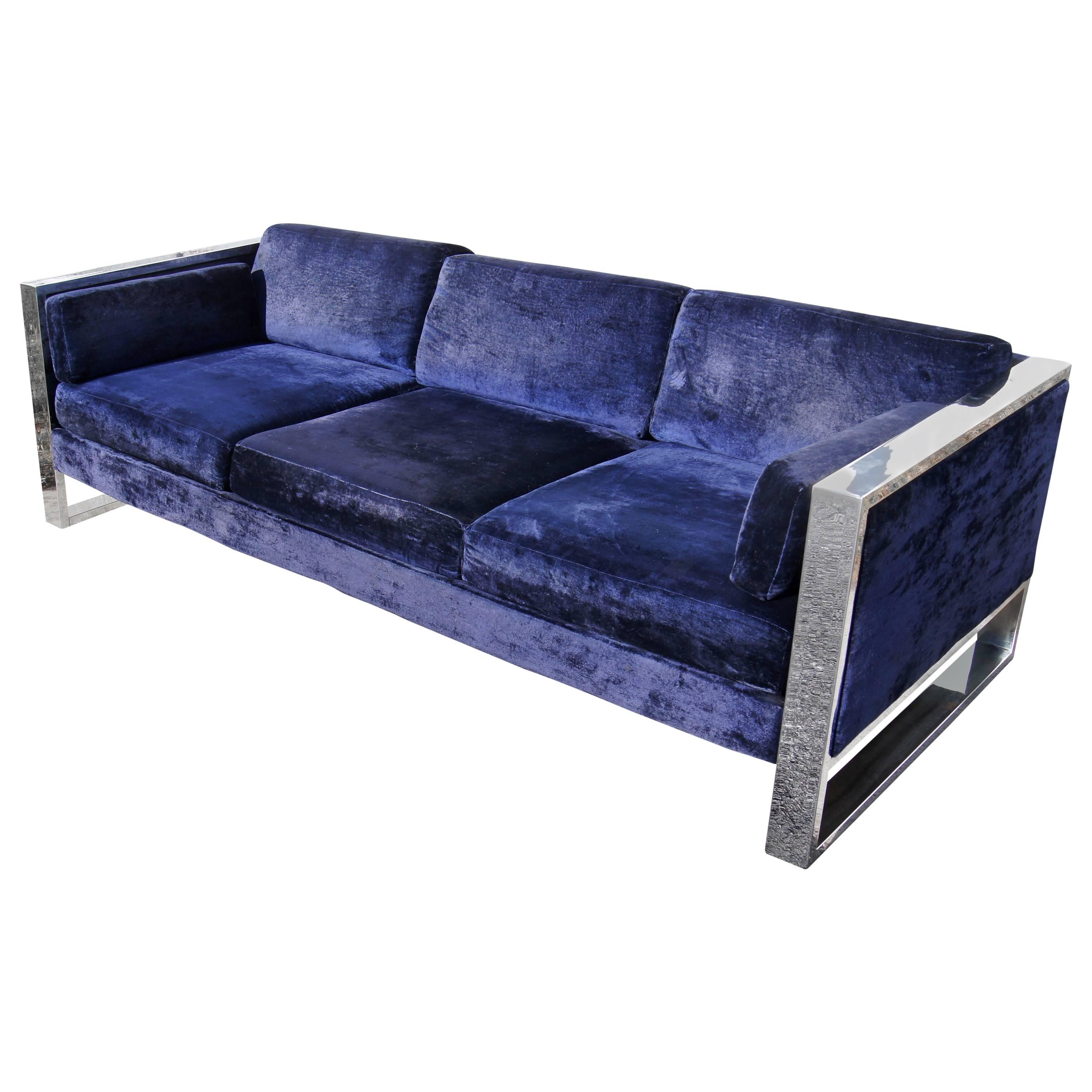 Chrome & Blue Velvet Flat Bar Sofa by Milo Baugham 