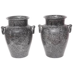 Retro Pair of Midcentury Glazed American Pottery Urns in Black and Gray 