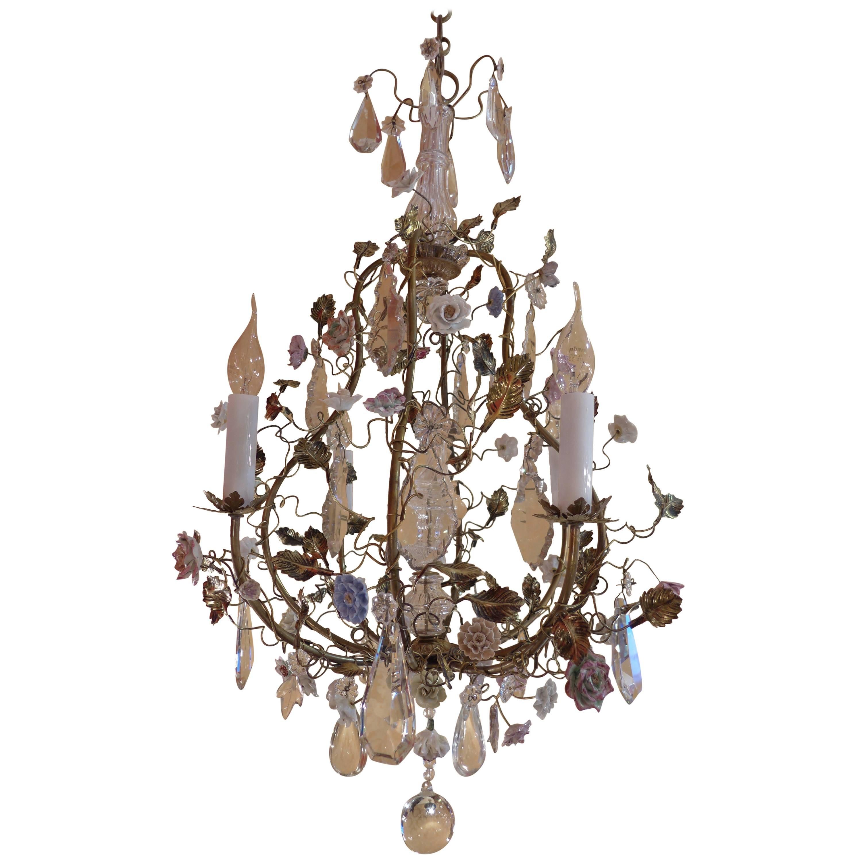 French Louis XV Style Gilt Bronze Chandelier with Porcelain Flowers and Chrystal
