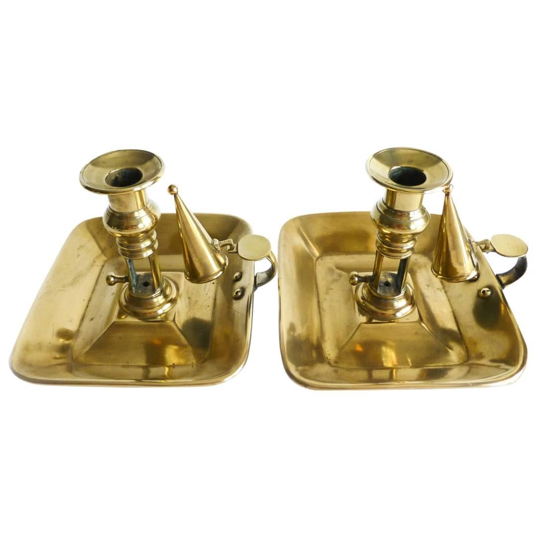 Pair of Rectangular English Brass Chambersticks, circa 1820 For Sale