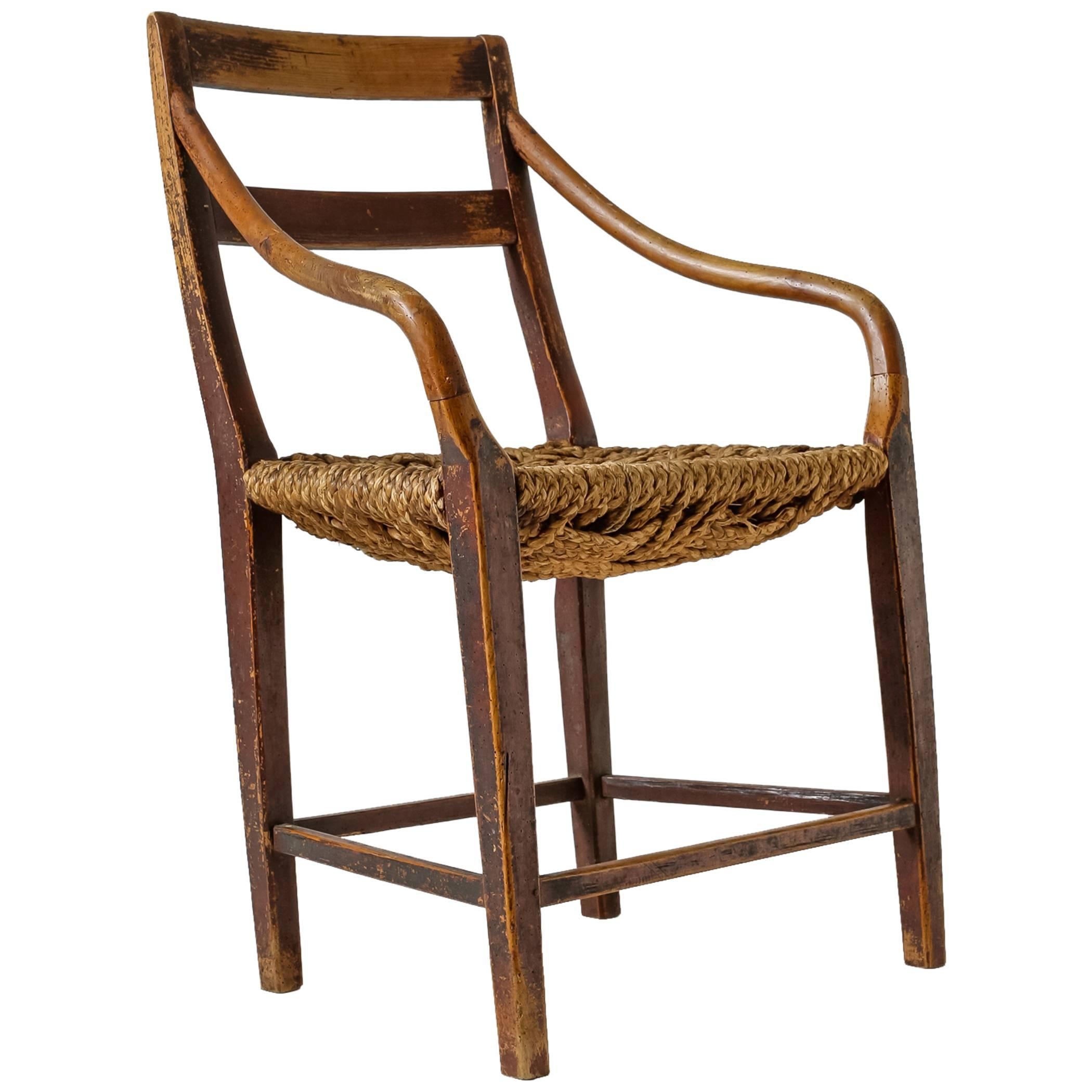 Stained Beech and Woven Rope Armchair, Denmark, 19th Century For Sale