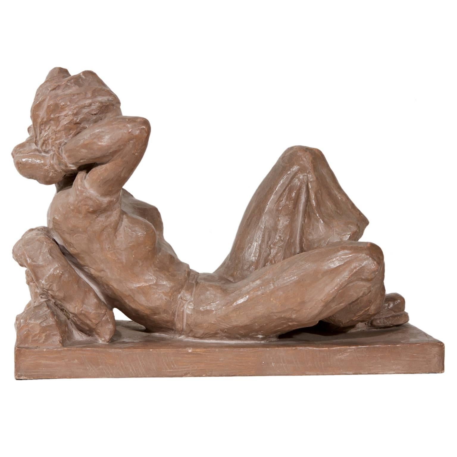  Terracotta Déco Sculpture Skier "Rest in mountains"  For Sale