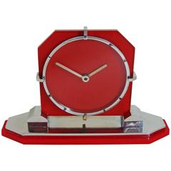 Exquisite English Art Deco Red Glass, Red Lucite and Chrome Geometric Desk Clock