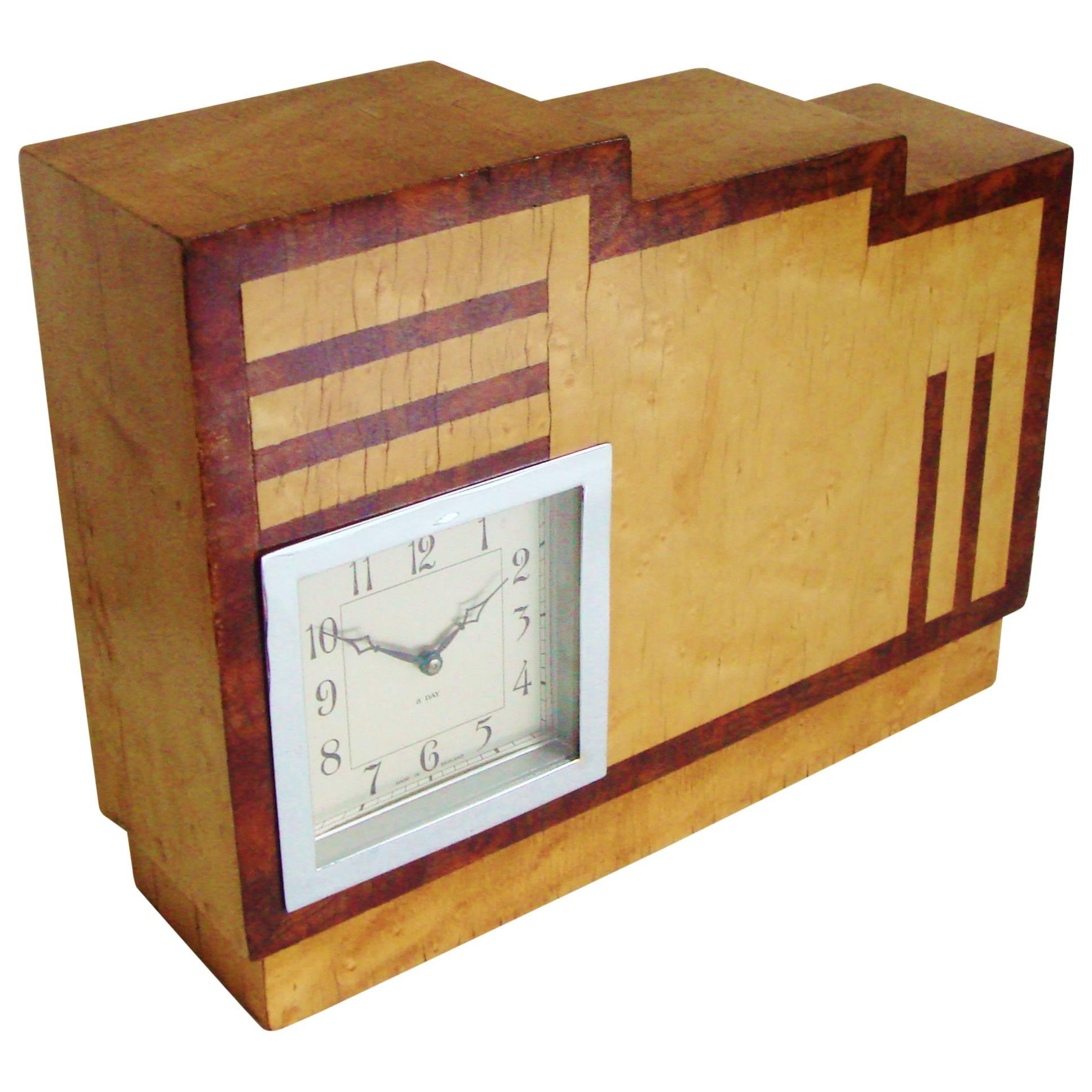 English Art Deco, Chrome, Wood and Polychromed Veneer Ziggurat Mantle Clock For Sale