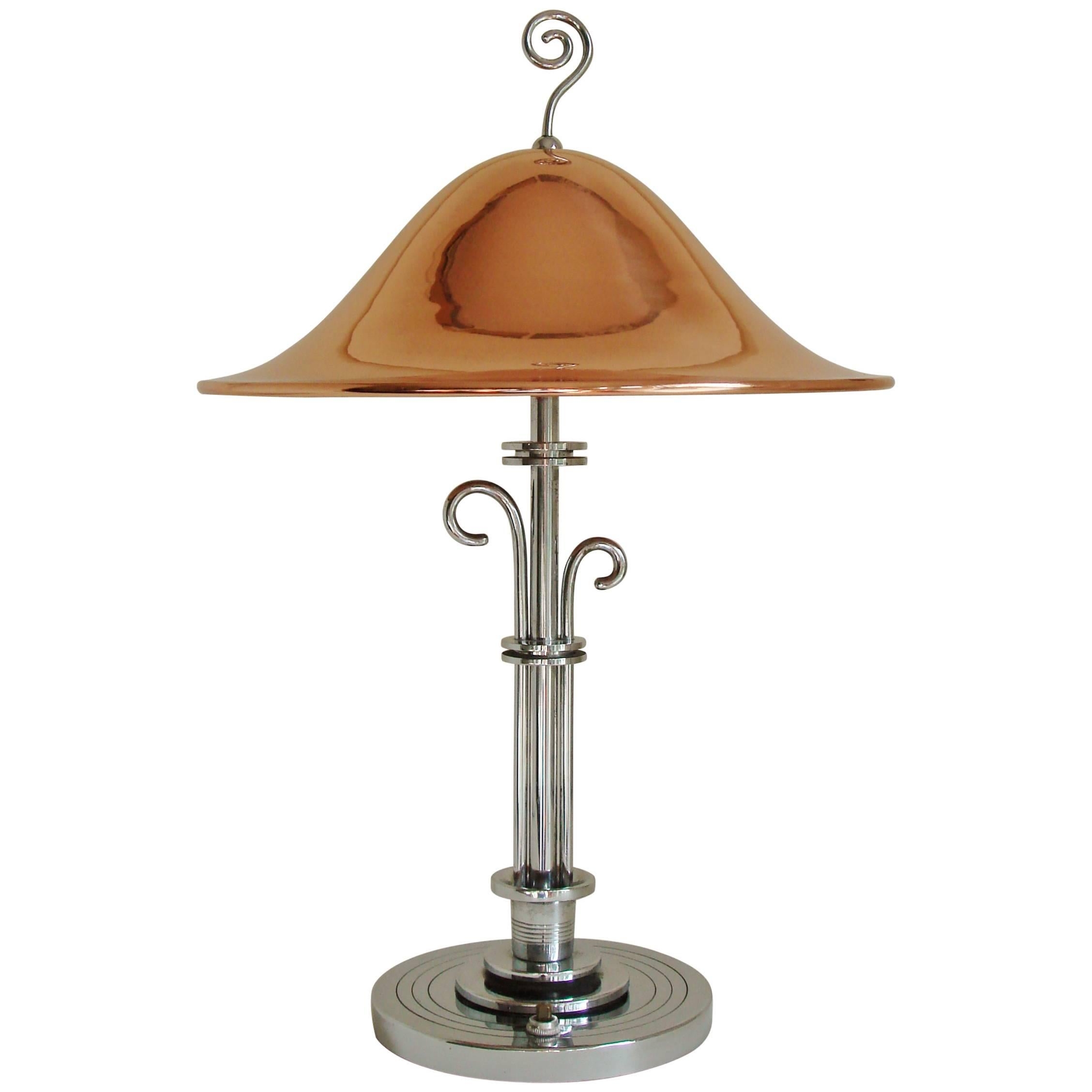 American Art Deco Chrome and Copper Organic Mushroom Lamp with Tendril Accents