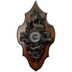 Black Forest Wooden Carved Wall Clock with Deer and Staghound