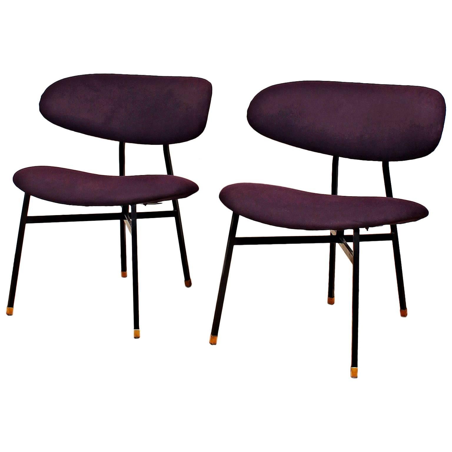 1950s Pair of Low Chairs, Iron, Brass, Violet Felt Upholstery, Italy