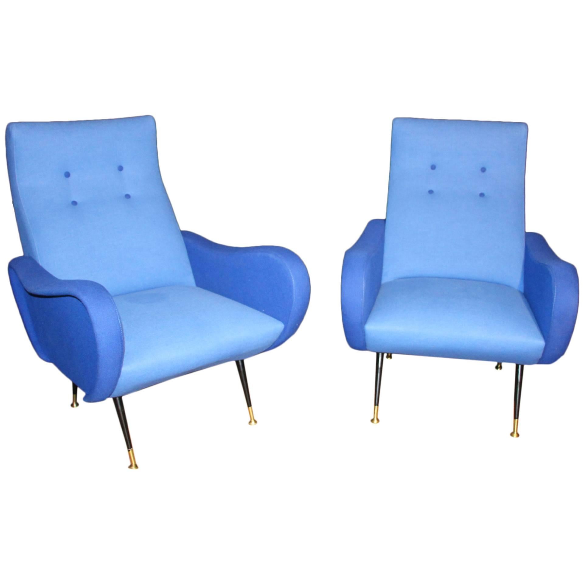 Italian Pair of Blue Mid-Century Chairs In The Style Of Zanuso