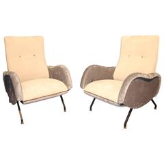 Pair of Italian Grey Mid-Century Reclining Chairs in the Style of Marco Zanuso