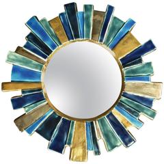 miroir "Soleil" en céramique émaillée des années 1960 dans le goût de François Lembo