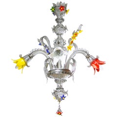 Italian Venetian, Chandelier, Blown Murano Glass, Silver Multi-Color, Ferro 1970