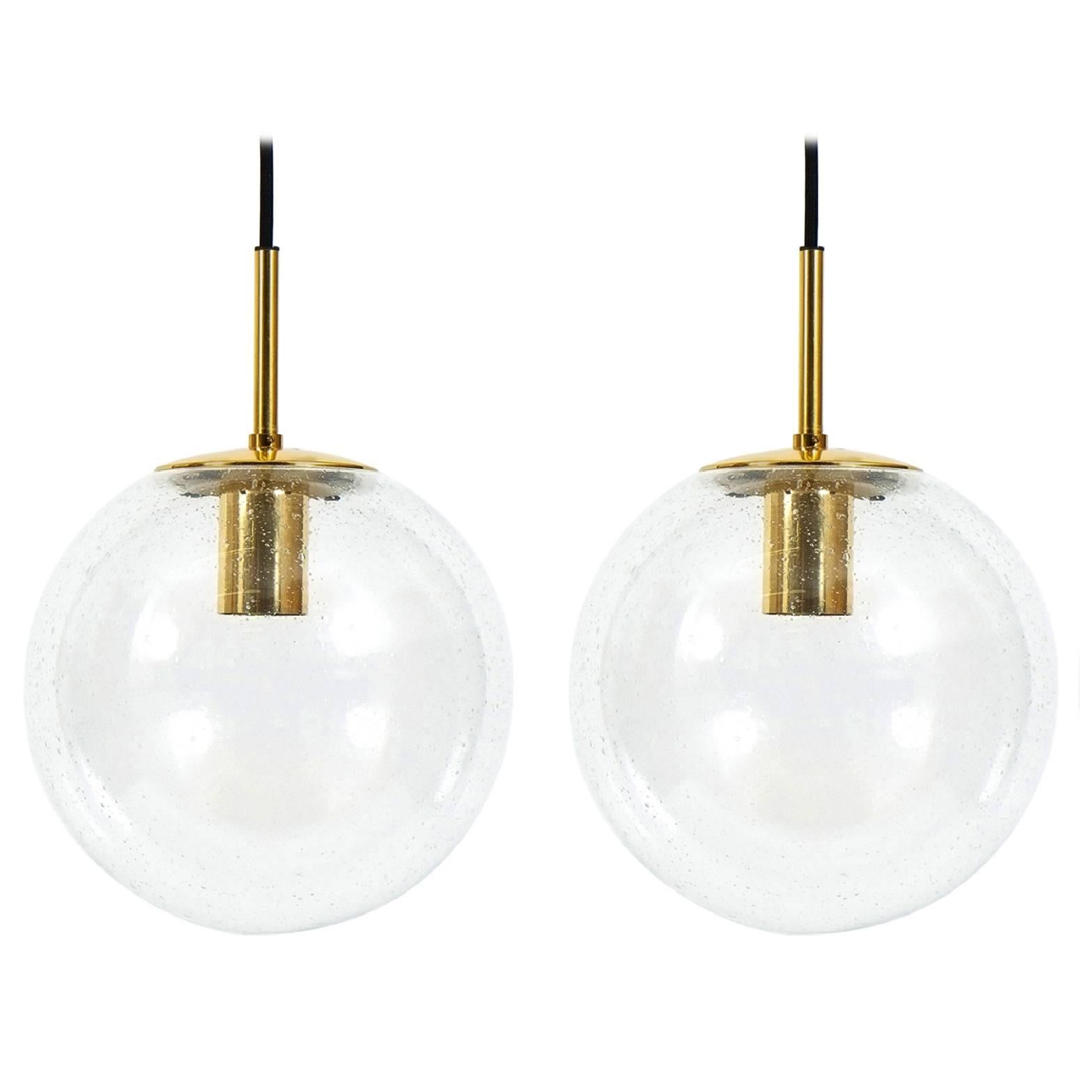 Pair of Glass & Brass Globe Pendants by Limburg