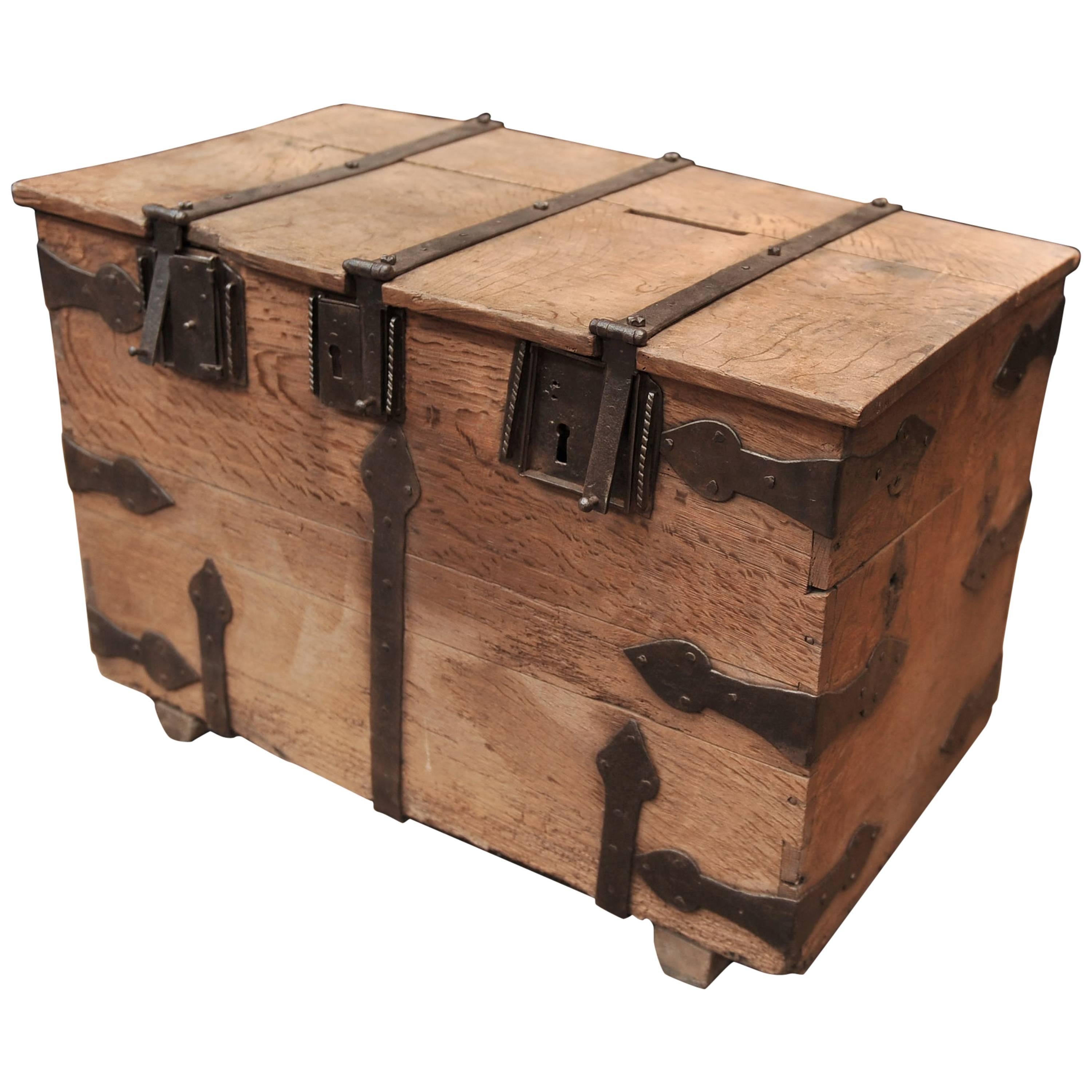 Early 18th Century Solid Oak and Iron Antique French Trunk