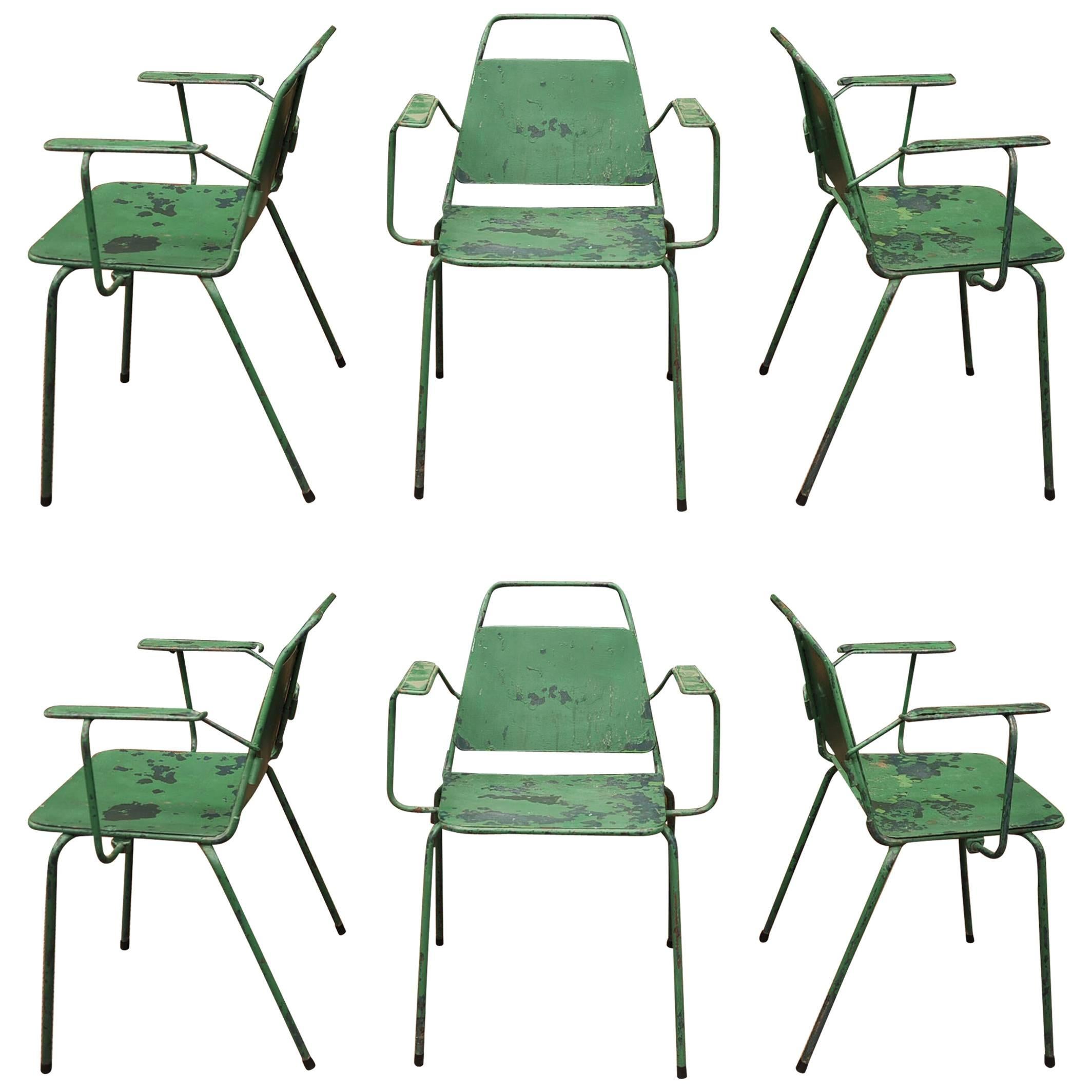 Set of Six French Iron Garden Stackable Design Chairs, 1940s