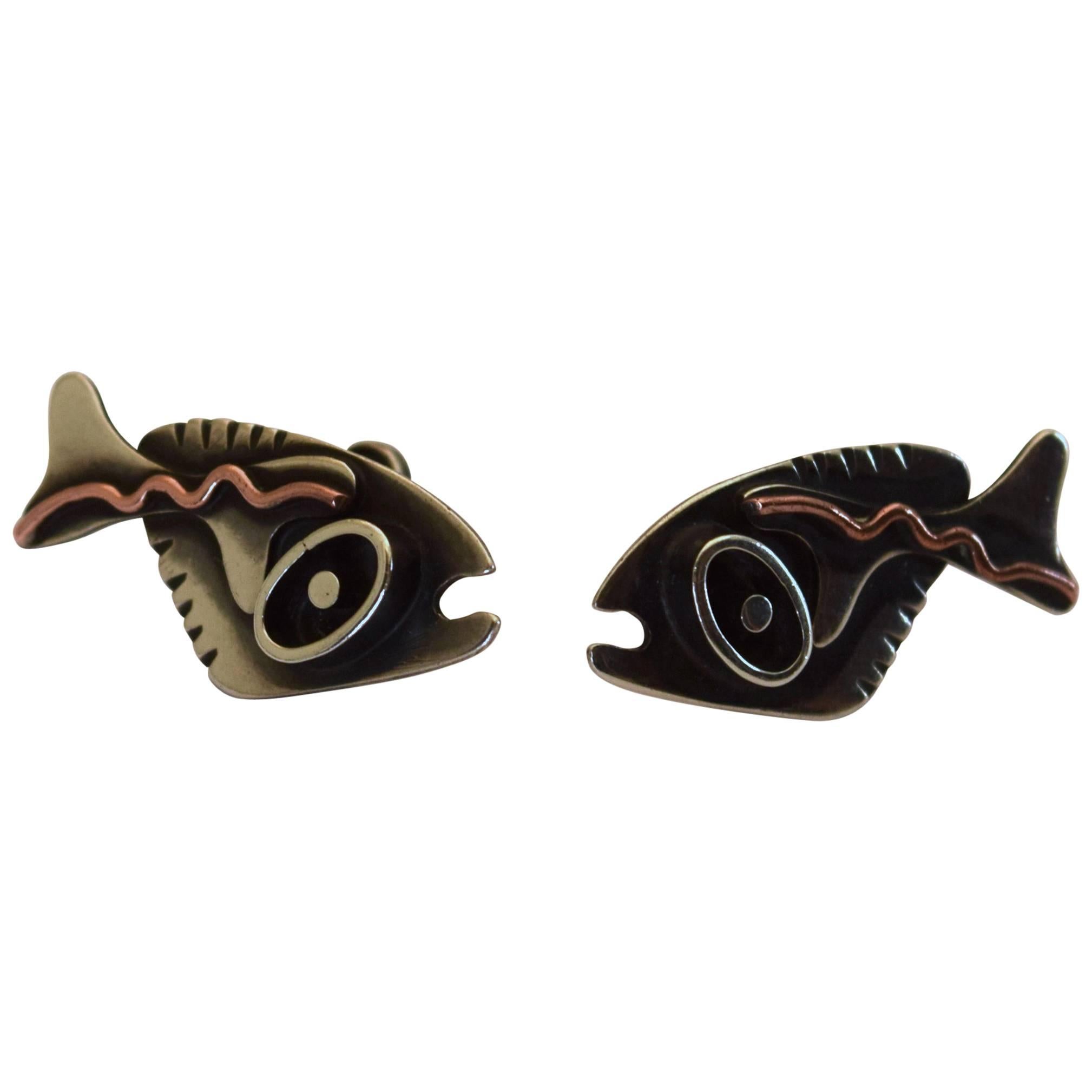 Early Ed Wiener Surreal Fish Earrings in Sterling and Copper