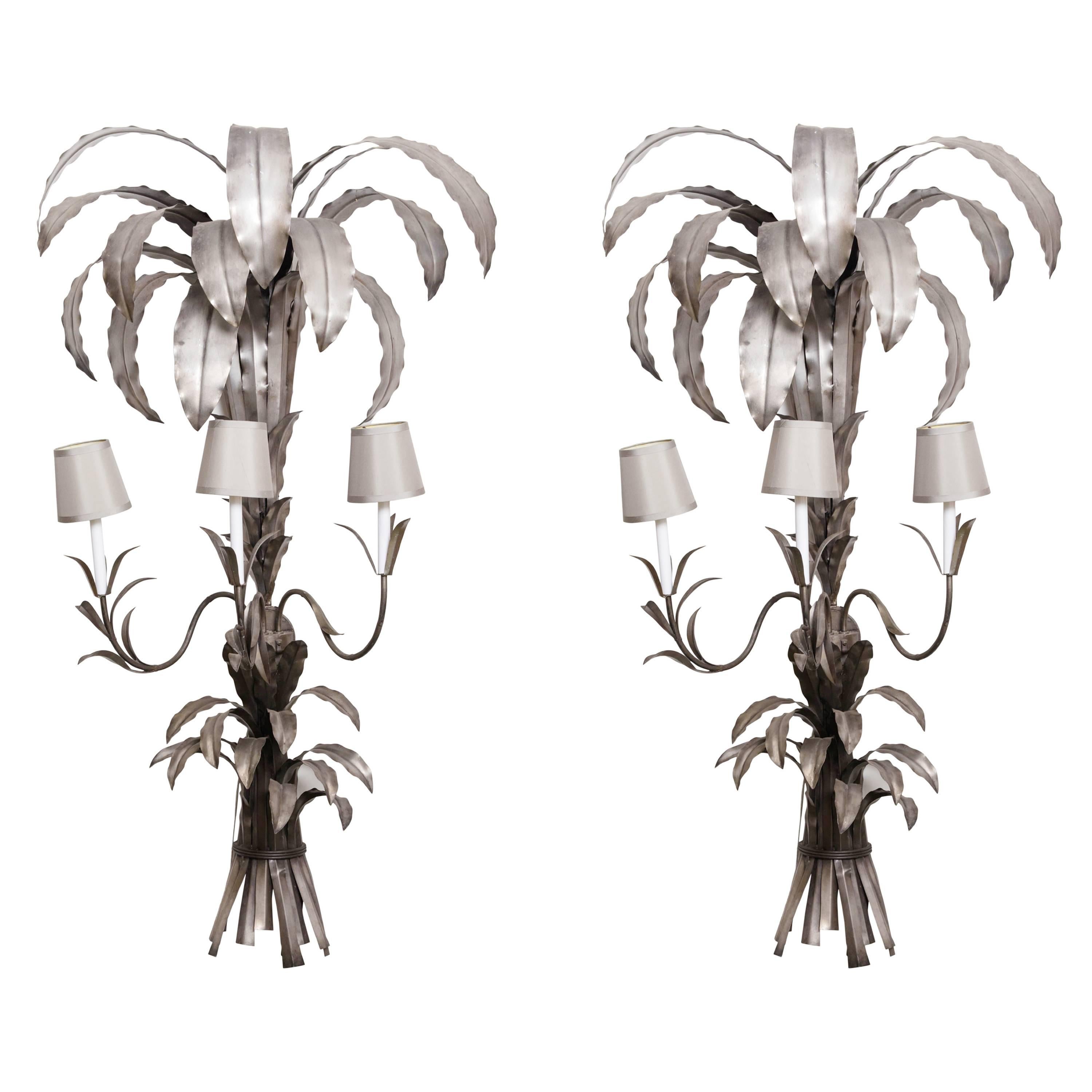 Pair of Hollywood Regency White Metal Sconces For Sale