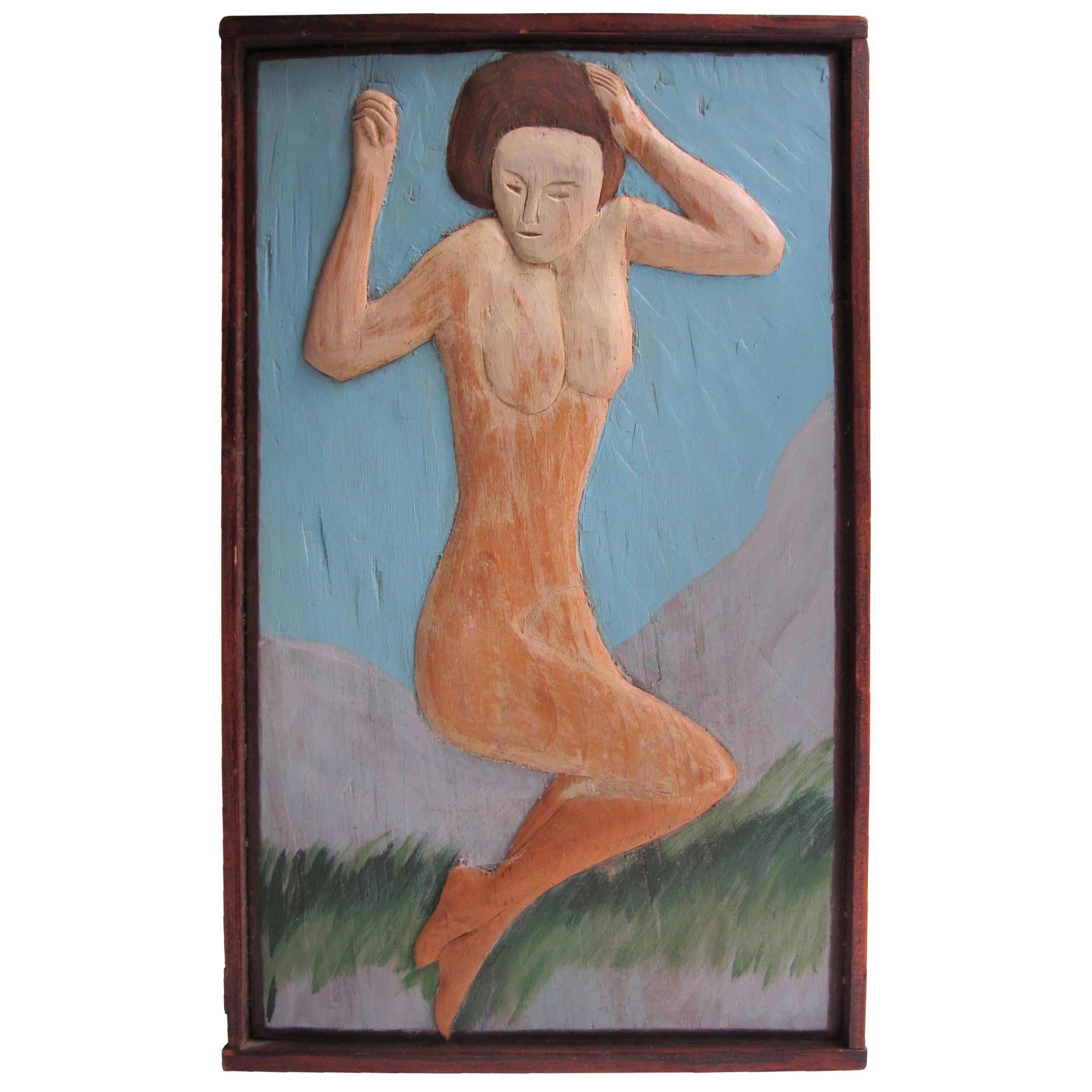 Carved and Painted Nude Wood Relief For Sale