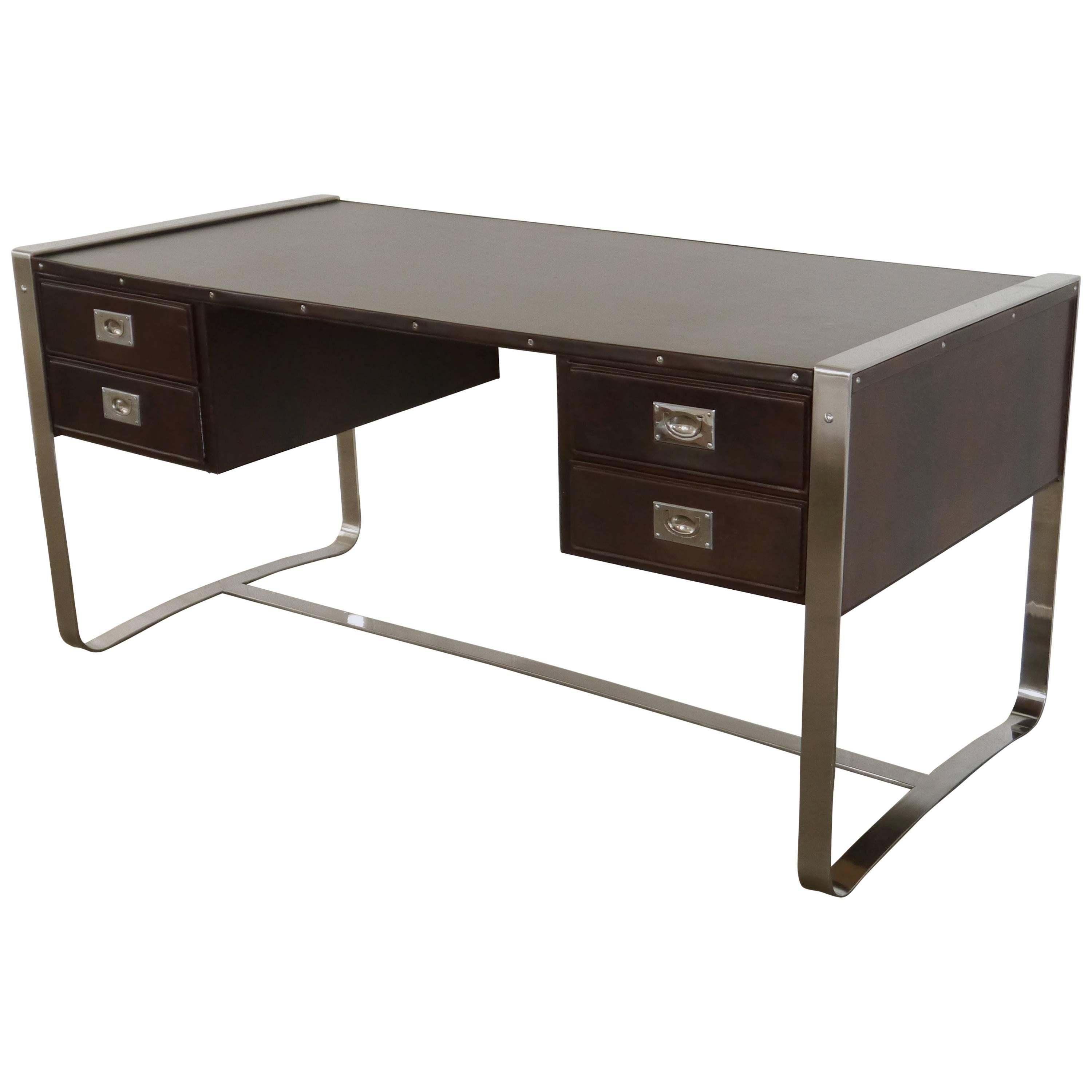 Desk in Leather and Steel by Jacques Adnet For Sale